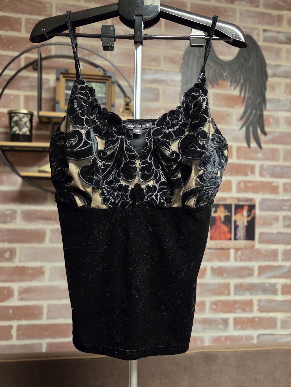 Boston Proper Black Velvet Appliqué Cami Top with Champagne Bodice